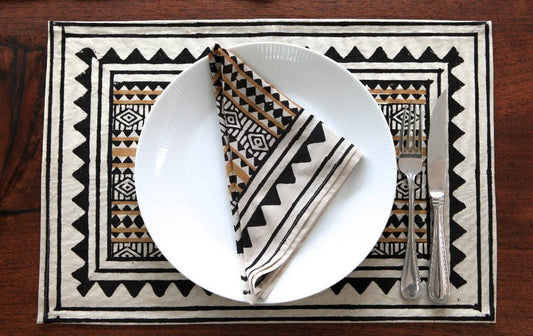 Wood Black and Mustard Geometric Table Set