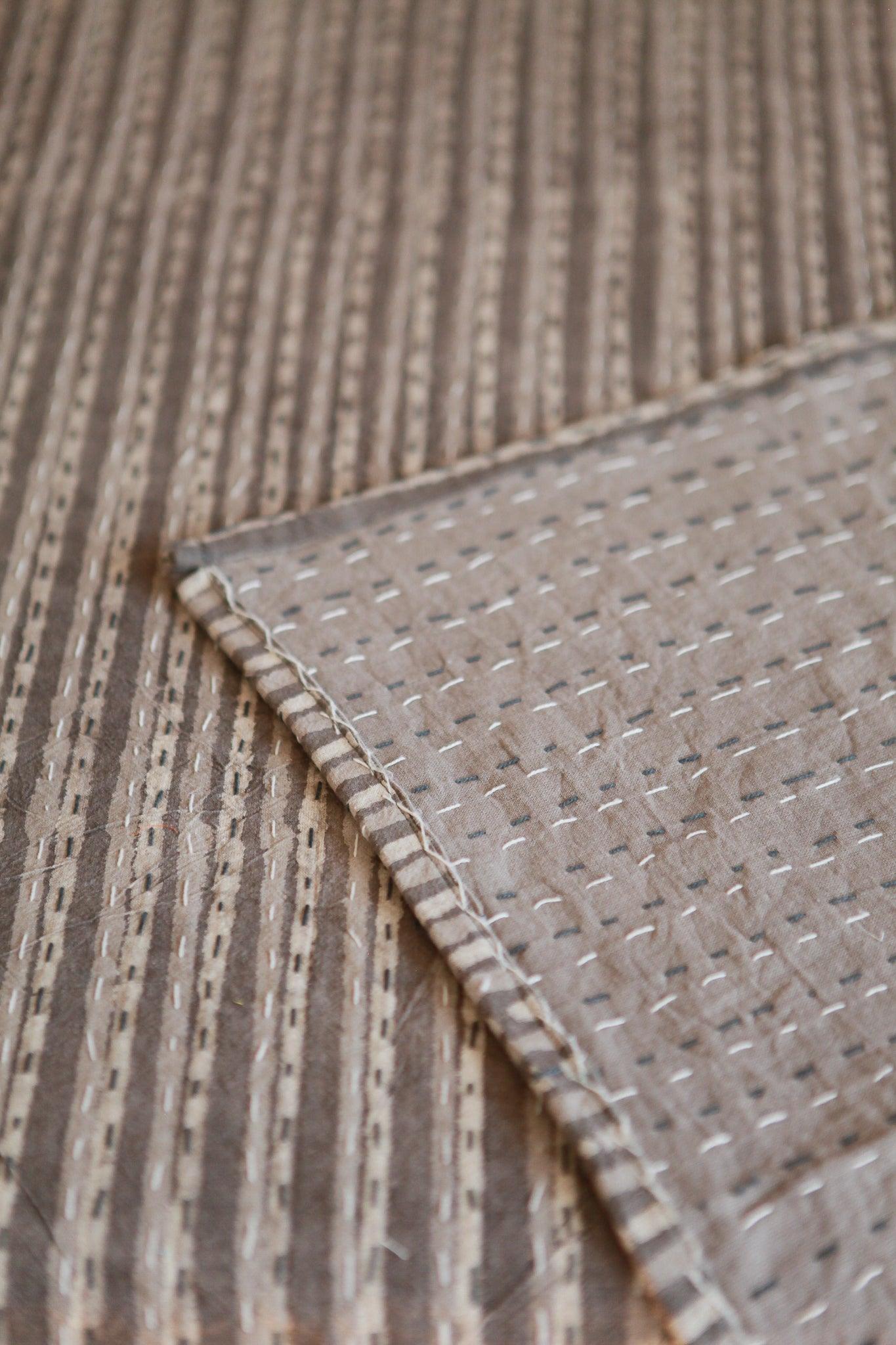 Vintage brown beige striped kantha quilt